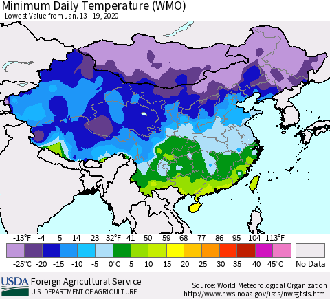 China, Mongolia and Taiwan Minimum Daily Temperature (WMO) Thematic Map For 1/13/2020 - 1/19/2020