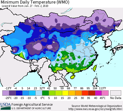 China, Mongolia and Taiwan Minimum Daily Temperature (WMO) Thematic Map For 1/27/2020 - 2/2/2020