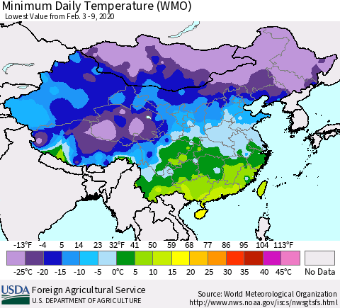 China, Mongolia and Taiwan Minimum Daily Temperature (WMO) Thematic Map For 2/3/2020 - 2/9/2020