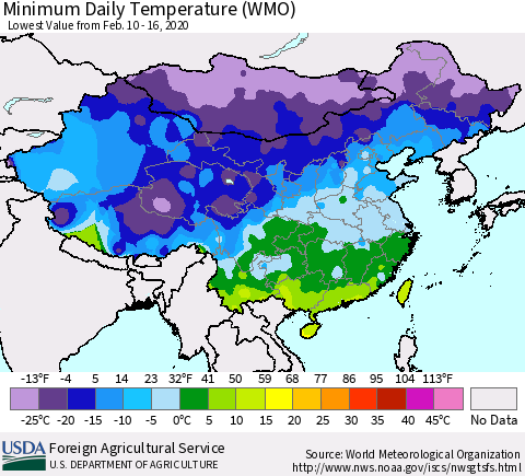 China, Mongolia and Taiwan Minimum Daily Temperature (WMO) Thematic Map For 2/10/2020 - 2/16/2020