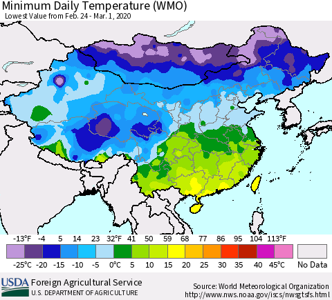 China, Mongolia and Taiwan Minimum Daily Temperature (WMO) Thematic Map For 2/24/2020 - 3/1/2020