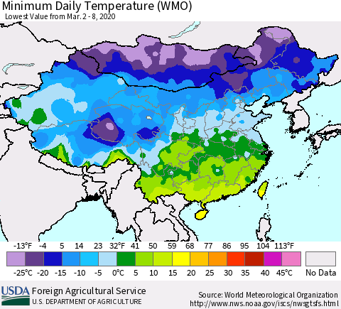 China, Mongolia and Taiwan Minimum Daily Temperature (WMO) Thematic Map For 3/2/2020 - 3/8/2020