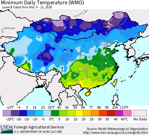 China, Mongolia and Taiwan Minimum Daily Temperature (WMO) Thematic Map For 3/9/2020 - 3/15/2020