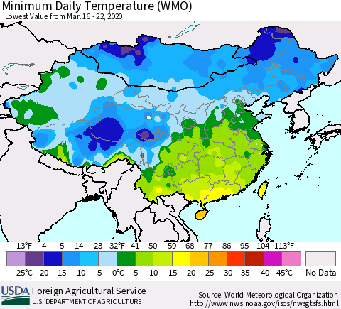 China, Mongolia and Taiwan Minimum Daily Temperature (WMO) Thematic Map For 3/16/2020 - 3/22/2020