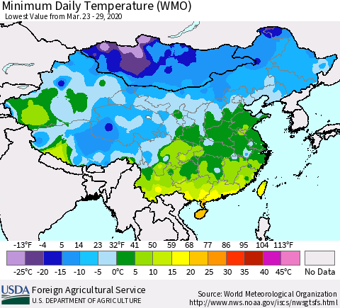 China, Mongolia and Taiwan Minimum Daily Temperature (WMO) Thematic Map For 3/23/2020 - 3/29/2020