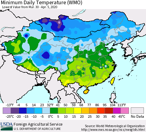 China, Mongolia and Taiwan Minimum Daily Temperature (WMO) Thematic Map For 3/30/2020 - 4/5/2020