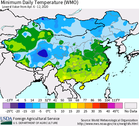 China, Mongolia and Taiwan Minimum Daily Temperature (WMO) Thematic Map For 4/6/2020 - 4/12/2020