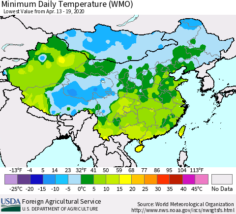 China, Mongolia and Taiwan Minimum Daily Temperature (WMO) Thematic Map For 4/13/2020 - 4/19/2020