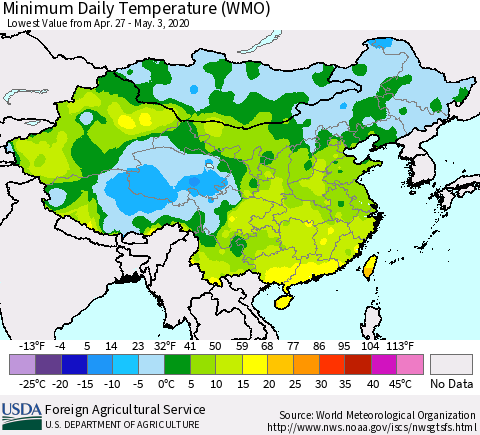 China, Mongolia and Taiwan Minimum Daily Temperature (WMO) Thematic Map For 4/27/2020 - 5/3/2020