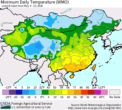 China, Mongolia and Taiwan Minimum Daily Temperature (WMO) Thematic Map For 5/4/2020 - 5/10/2020