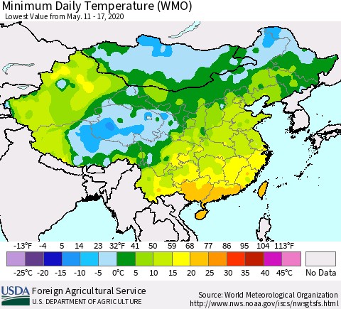 China, Mongolia and Taiwan Minimum Daily Temperature (WMO) Thematic Map For 5/11/2020 - 5/17/2020