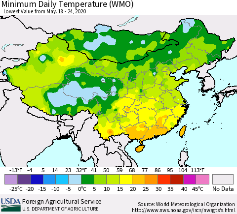 China, Mongolia and Taiwan Minimum Daily Temperature (WMO) Thematic Map For 5/18/2020 - 5/24/2020