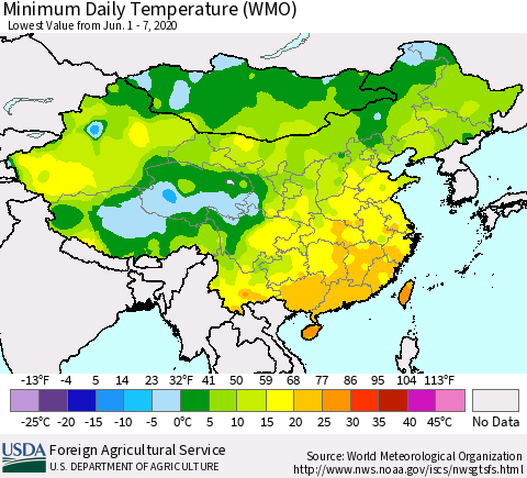 China, Mongolia and Taiwan Minimum Daily Temperature (WMO) Thematic Map For 6/1/2020 - 6/7/2020