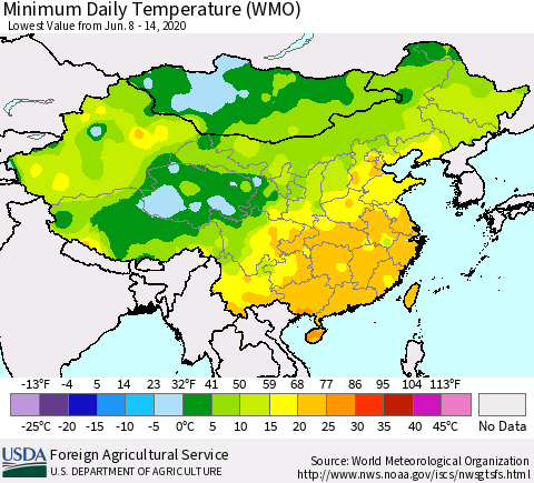 China, Mongolia and Taiwan Minimum Daily Temperature (WMO) Thematic Map For 6/8/2020 - 6/14/2020