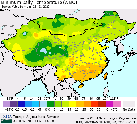 China, Mongolia and Taiwan Minimum Daily Temperature (WMO) Thematic Map For 6/15/2020 - 6/21/2020