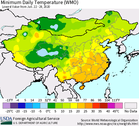 China, Mongolia and Taiwan Minimum Daily Temperature (WMO) Thematic Map For 6/22/2020 - 6/28/2020