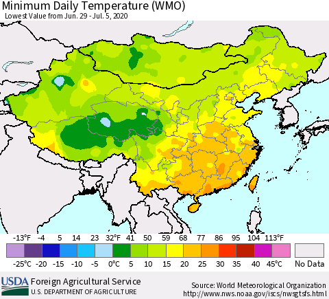 China, Mongolia and Taiwan Minimum Daily Temperature (WMO) Thematic Map For 6/29/2020 - 7/5/2020