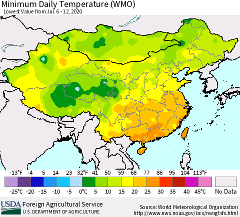 China, Mongolia and Taiwan Minimum Daily Temperature (WMO) Thematic Map For 7/6/2020 - 7/12/2020