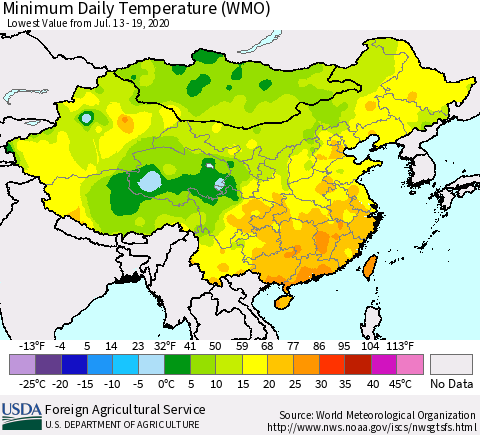China, Mongolia and Taiwan Minimum Daily Temperature (WMO) Thematic Map For 7/13/2020 - 7/19/2020