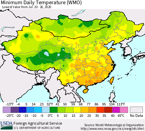 China, Mongolia and Taiwan Minimum Daily Temperature (WMO) Thematic Map For 7/20/2020 - 7/26/2020