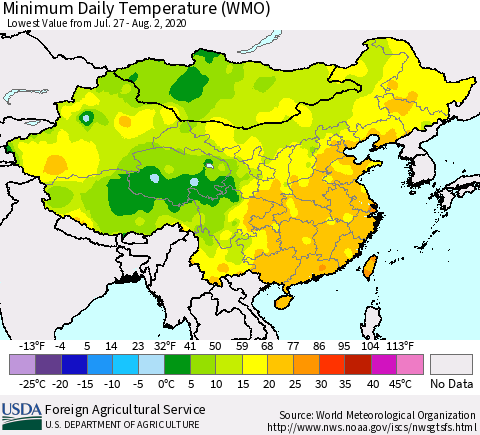 China, Mongolia and Taiwan Minimum Daily Temperature (WMO) Thematic Map For 7/27/2020 - 8/2/2020