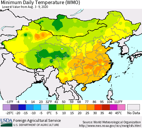 China, Mongolia and Taiwan Minimum Daily Temperature (WMO) Thematic Map For 8/3/2020 - 8/9/2020
