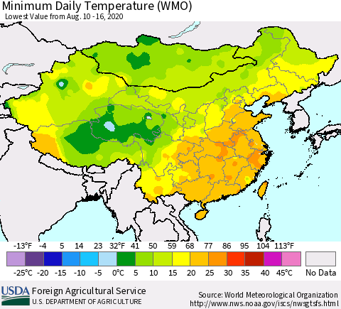 China, Mongolia and Taiwan Minimum Daily Temperature (WMO) Thematic Map For 8/10/2020 - 8/16/2020
