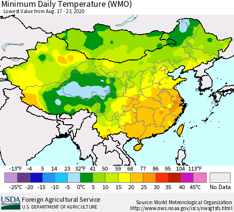China, Mongolia and Taiwan Minimum Daily Temperature (WMO) Thematic Map For 8/17/2020 - 8/23/2020