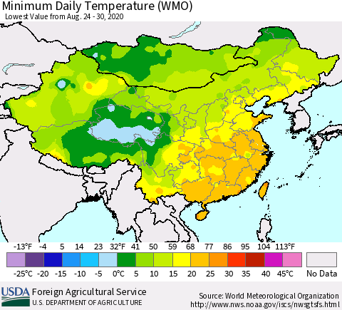 China, Mongolia and Taiwan Minimum Daily Temperature (WMO) Thematic Map For 8/24/2020 - 8/30/2020