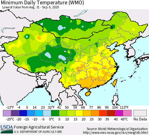 China, Mongolia and Taiwan Minimum Daily Temperature (WMO) Thematic Map For 8/31/2020 - 9/6/2020