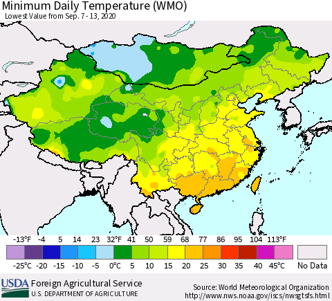 China, Mongolia and Taiwan Minimum Daily Temperature (WMO) Thematic Map For 9/7/2020 - 9/13/2020