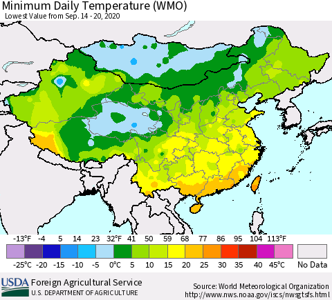 China, Mongolia and Taiwan Minimum Daily Temperature (WMO) Thematic Map For 9/14/2020 - 9/20/2020