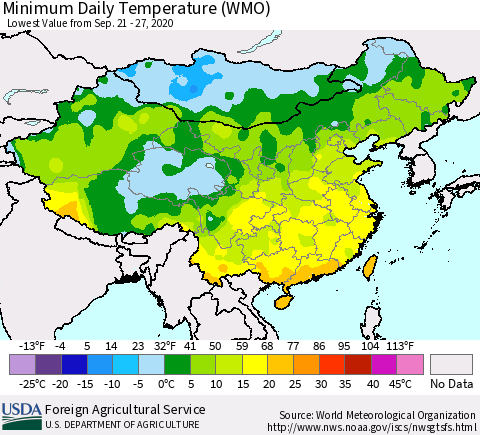 China, Mongolia and Taiwan Minimum Daily Temperature (WMO) Thematic Map For 9/21/2020 - 9/27/2020