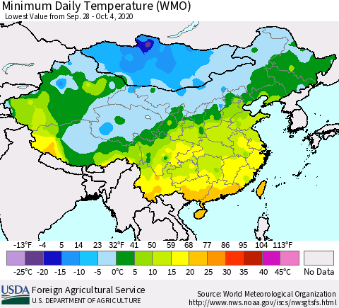 China, Mongolia and Taiwan Minimum Daily Temperature (WMO) Thematic Map For 9/28/2020 - 10/4/2020