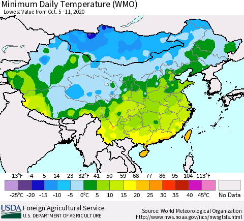China, Mongolia and Taiwan Minimum Daily Temperature (WMO) Thematic Map For 10/5/2020 - 10/11/2020