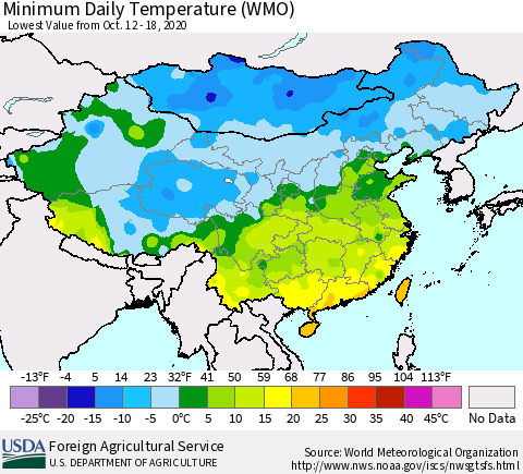 China, Mongolia and Taiwan Minimum Daily Temperature (WMO) Thematic Map For 10/12/2020 - 10/18/2020