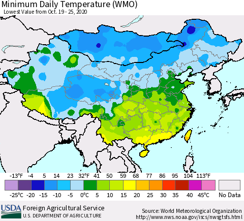 China, Mongolia and Taiwan Minimum Daily Temperature (WMO) Thematic Map For 10/19/2020 - 10/25/2020