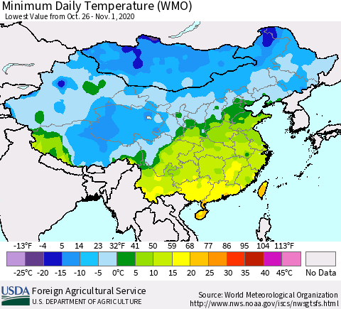 China, Mongolia and Taiwan Minimum Daily Temperature (WMO) Thematic Map For 10/26/2020 - 11/1/2020