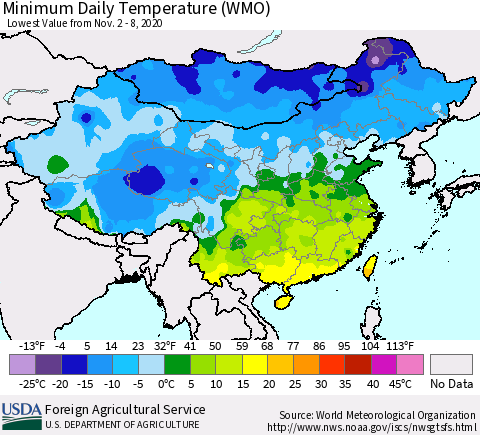 China, Mongolia and Taiwan Minimum Daily Temperature (WMO) Thematic Map For 11/2/2020 - 11/8/2020
