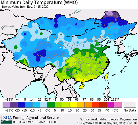 China, Mongolia and Taiwan Minimum Daily Temperature (WMO) Thematic Map For 11/9/2020 - 11/15/2020