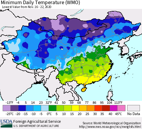 China, Mongolia and Taiwan Minimum Daily Temperature (WMO) Thematic Map For 11/16/2020 - 11/22/2020