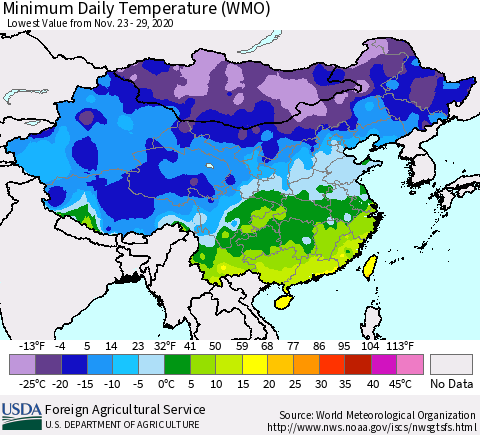 China, Mongolia and Taiwan Minimum Daily Temperature (WMO) Thematic Map For 11/23/2020 - 11/29/2020