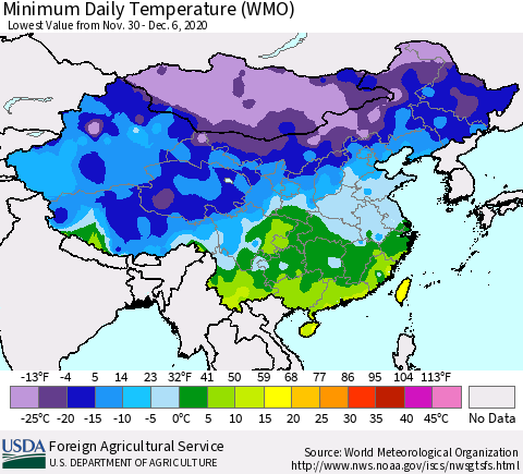 China, Mongolia and Taiwan Minimum Daily Temperature (WMO) Thematic Map For 11/30/2020 - 12/6/2020