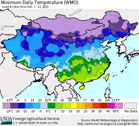 China, Mongolia and Taiwan Minimum Daily Temperature (WMO) Thematic Map For 12/7/2020 - 12/13/2020
