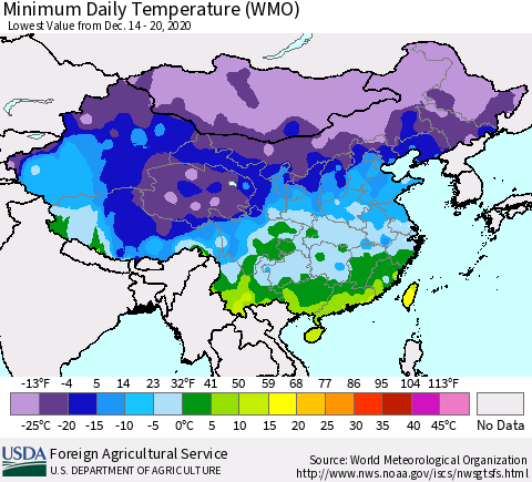 China, Mongolia and Taiwan Minimum Daily Temperature (WMO) Thematic Map For 12/14/2020 - 12/20/2020
