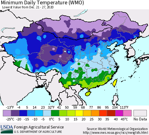 China, Mongolia and Taiwan Minimum Daily Temperature (WMO) Thematic Map For 12/21/2020 - 12/27/2020