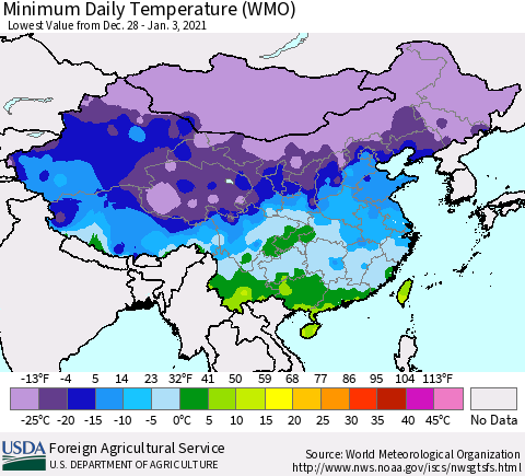 China, Mongolia and Taiwan Minimum Daily Temperature (WMO) Thematic Map For 12/28/2020 - 1/3/2021