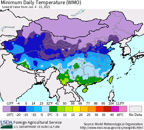 China, Mongolia and Taiwan Minimum Daily Temperature (WMO) Thematic Map For 1/4/2021 - 1/10/2021