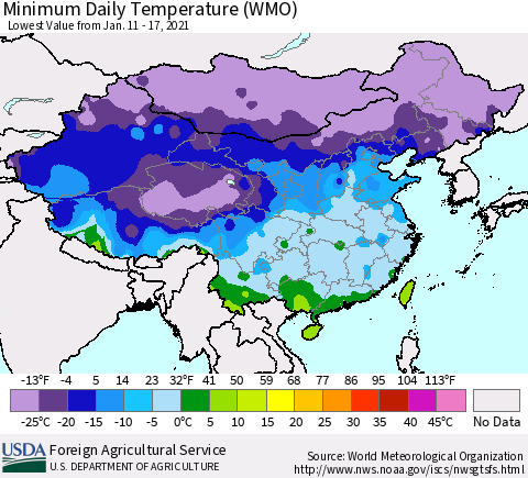 China, Mongolia and Taiwan Minimum Daily Temperature (WMO) Thematic Map For 1/11/2021 - 1/17/2021