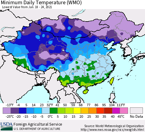 China, Mongolia and Taiwan Minimum Daily Temperature (WMO) Thematic Map For 1/18/2021 - 1/24/2021